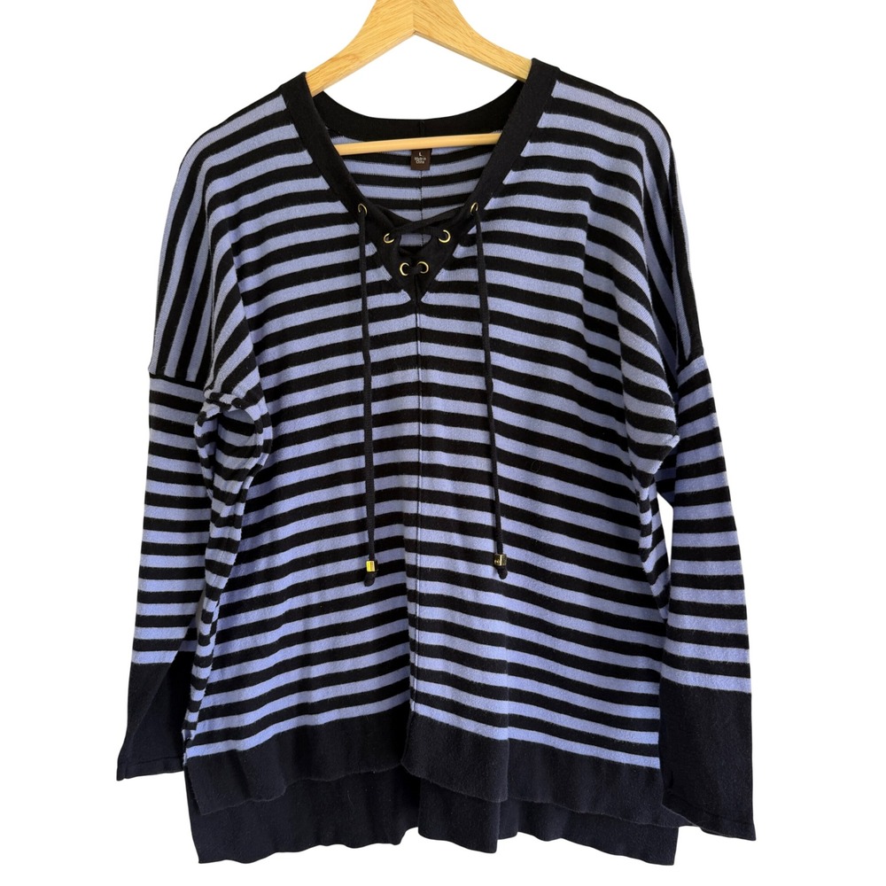 Dana Buchman Womens Large Blue Black Striped Lace Up V-Neck Cotton Blend Sweater
